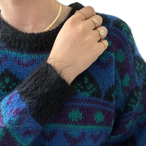 Vintage 1980s Gallagher Blue Mohair Fluffy Geometric Retro Preppy Sweater Sz M - Picture 3 of 8